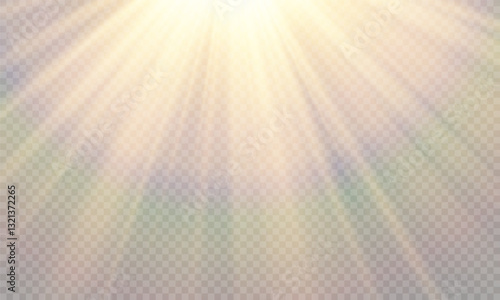 Vector transparent yellow sunlight lens flare effect. Radiant sun rays. Warm glow. Natural glare. High-quality light burst for design and photo overlay.	