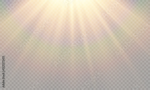 Vector transparent yellow sunlight lens flare effect. Radiant sun rays. Warm glow. Natural glare. High-quality light burst for design and photo overlay.	