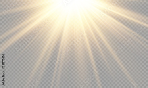 Vector transparent yellow sunlight lens flare effect. Radiant sun rays. Warm glow. Natural glare. High-quality light burst for design and photo overlay.	