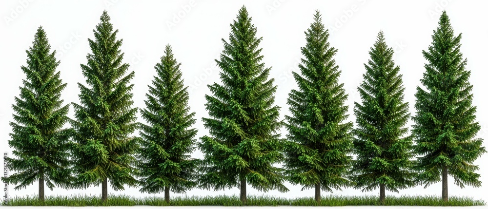 Obraz premium Tall pine trees needle textures isolated on white background nature close-up vibrant green colors