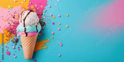 Fast food, Colorful ice cream cone with sprinkles against a vibrant blue and pink background.