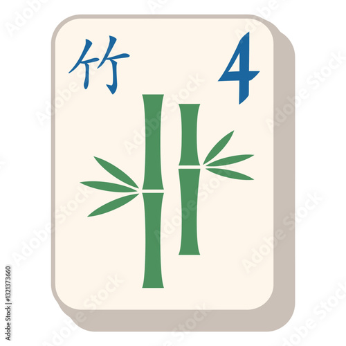Mahjong Tile: Bamboo Four: A close-up of a traditional mahjong tile, the bamboo four suit. The tile showcases a bamboo design and the number 4 in a classic arrangement.