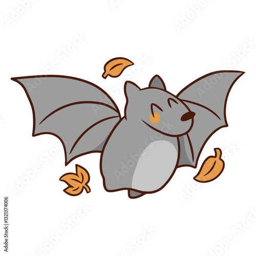 Happy Bat Soaring: A charming cartoon bat with outstretched wings and a cheerful expression soars gracefully, surrounded by autumnal leaves, capturing a sense of joy and freedom.