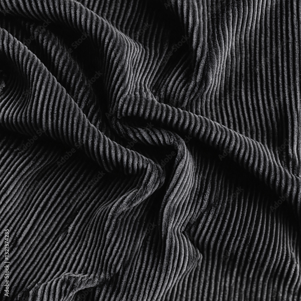 Naklejka premium Black corduroy fabric with natural wrinkles and folds displaying soft texture and depth ideal for fashion and textile industry applications 