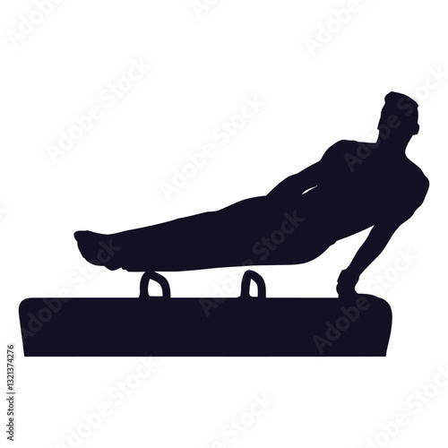 Gymnast Silhouette on Pommel Horse: A graceful silhouette captures a gymnast poised in mid-routine on the pommel horse, emphasizing strength and agility in athletic excellence.