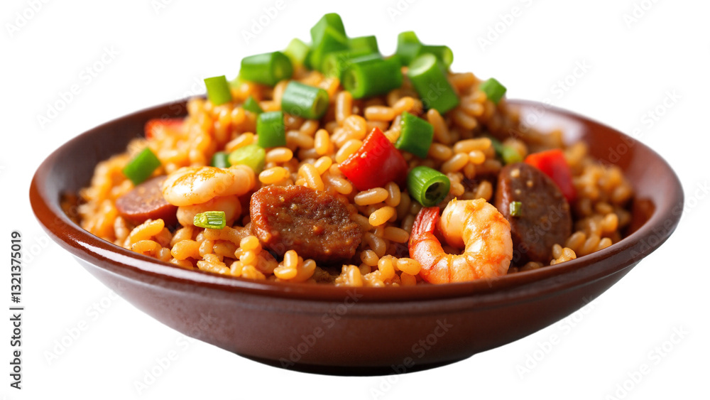 Colorful Jambalaya Rice Bowl with Sausage and Shrimp, Isolated on Transparent Background for Culinary Use Colorful Jambalaya Rice Bowl with Sausage and Shrimp, Isolated on Transparent Background for Culinary Use