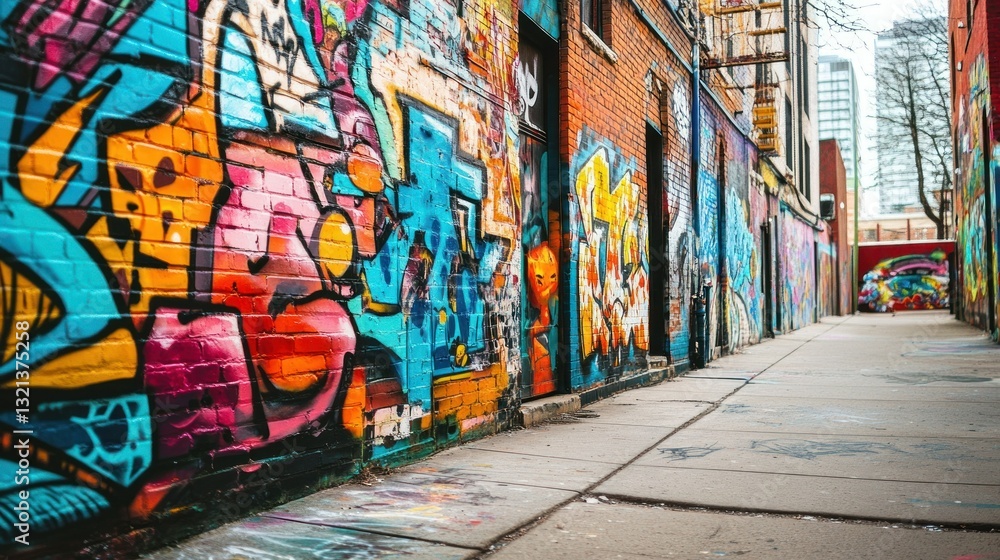 Fototapeta premium An urban scene with a bold graffiti wall, filled with colorful street art designs and patterns. The setting should capture the essence of creative expression and urban culture