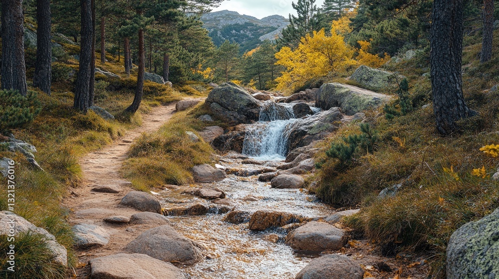 Autumn mountain trail, stream, waterfall, forest, rocks, nature scene Autumn mountain trail, stream, waterfall, forest, rocks, nature scene