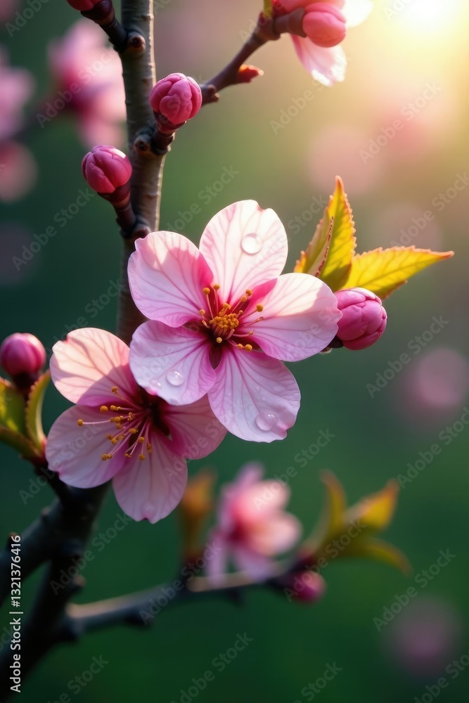 Obraz premium Spring morning dew on a blossoming cherry branch, petals, blooming, greenery