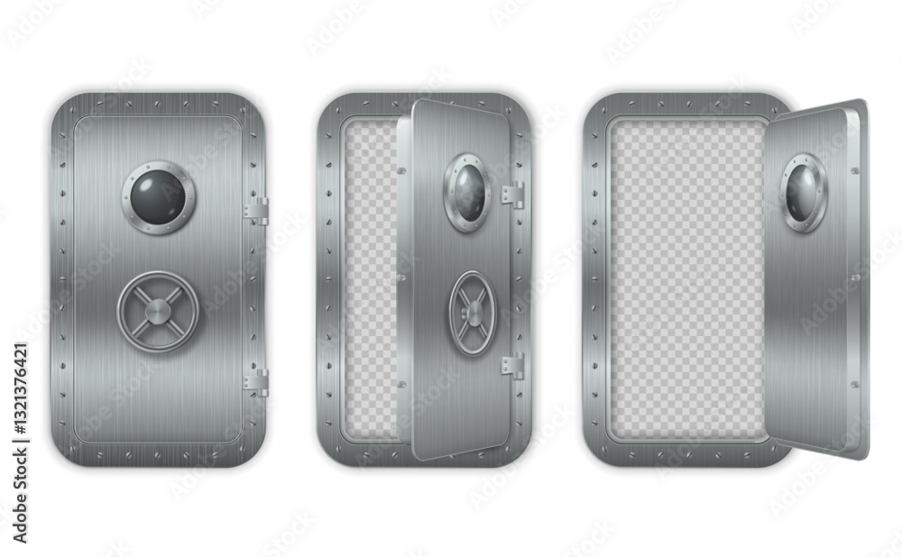 Obraz premium Metal realistic closed and open doors with rivets and round glass portholes. Vector 3d illustration.