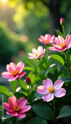 Spring garden with blooming flowers and greenery, colors, petals, gardenia