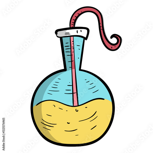 A Flask of Discovery: A vibrant cartoon depiction of a scientific flask filled with colorful liquid, suggesting the essence of experimentation, and the pursuit of knowledge. 