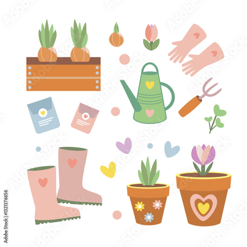 Vector illustration of gardening tools, plants, and flowers in pastel tones, perfect for eco-lifestyle