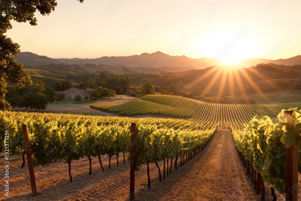 Fototapeta premium Vineyard at sunset in a scenic landscape with rolling hills and golden sunlight illuminating the grapes