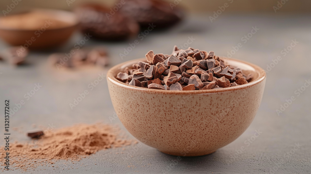 Wooden bowl filled with cocoa beans on rustic table Wooden bowl filled with cocoa beans on rustic table