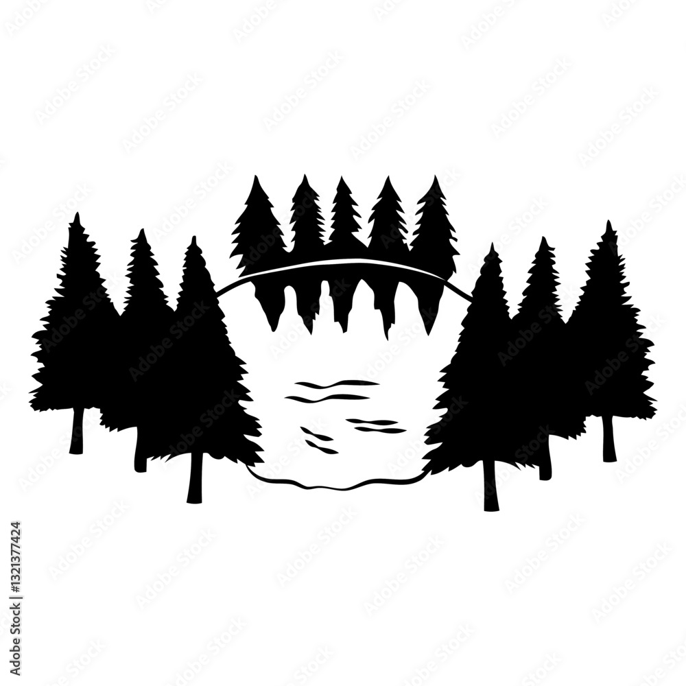 Obraz premium Harmony of Nature: An artistic black and white depiction of a serene lakeside forest with a bridge arching over the water, celebrating tranquility and the elegance of nature's design.