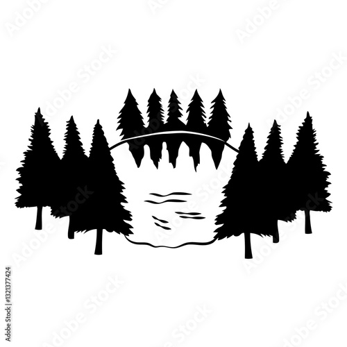 Harmony of Nature: An artistic black and white depiction of a serene lakeside forest with a bridge arching over the water, celebrating tranquility and the elegance of nature's design.