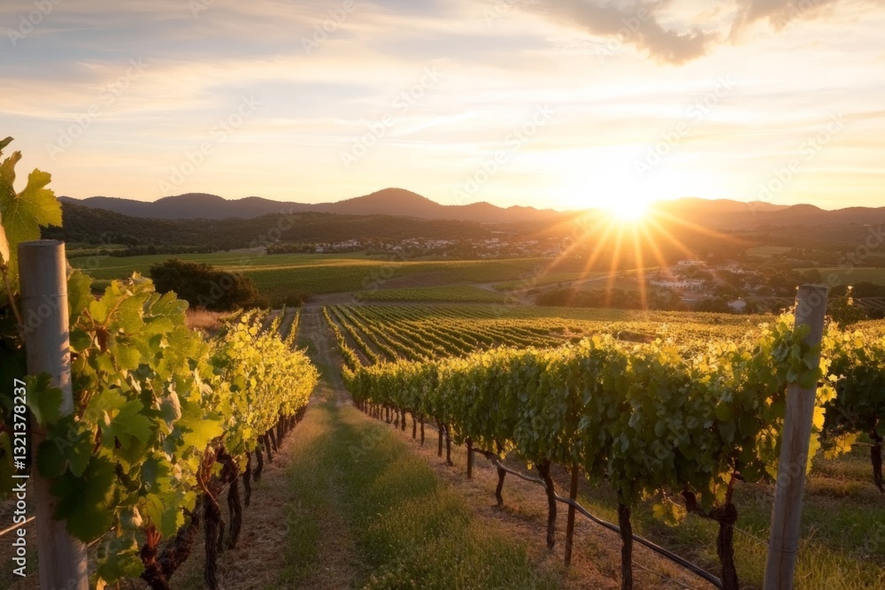 Sunset over vineyard landscape with lush grapevines stretching across rolling hills Sunset over vineyard landscape with lush grapevines stretching across rolling hills
