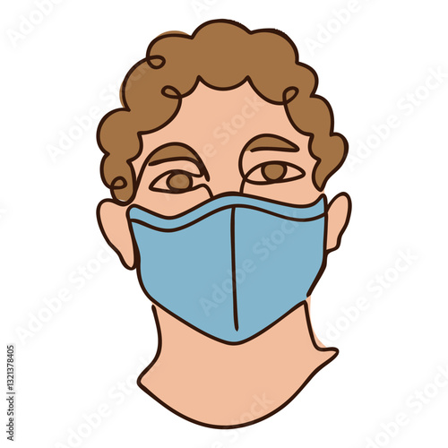 Masked Portrait: A single line drawing portrait of a person wearing protective medical mask, capturing essential line, clean lines, with a modern aesthetic. 
