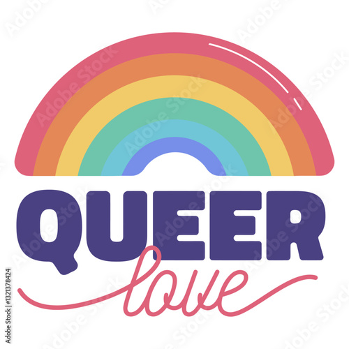 Queer Love: A vibrant digital art piece featuring a rainbow arching over the words Queer Love, a symbol of inclusivity and acceptance, perfect for expressing pride.