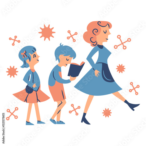 Family Progression Illustration: This playful illustration shows the growth of the family from kids with their mother. it evokes a sense of joy, family and life journey.