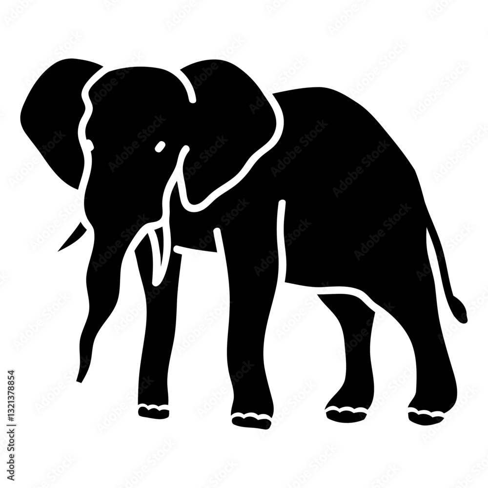 Obraz premium Elephant Silhouette: A majestic elephant silhouette in black and white, showcasing its iconic features, presenting a striking graphic perfect for various design projects. 