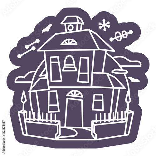 Spooky House Illustration: A whimsical illustration of a spooky house with exaggerated features like tall windows, a steep roof, and a wrought iron fence creating a playful depiction. 