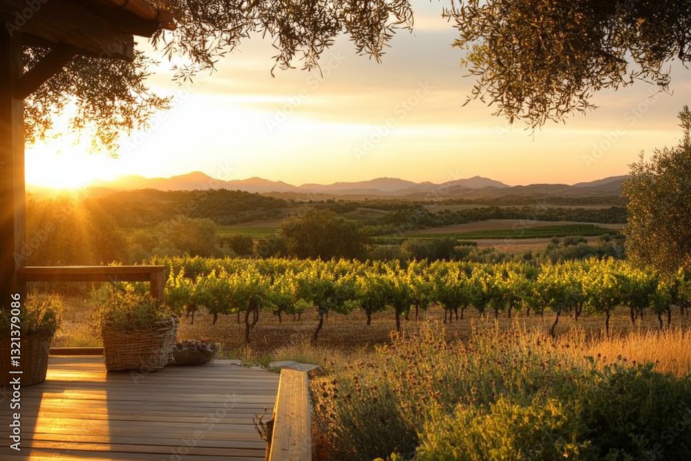 Fototapeta premium Stunning sunset over vineyard with rolling hills and golden sky in serene countryside