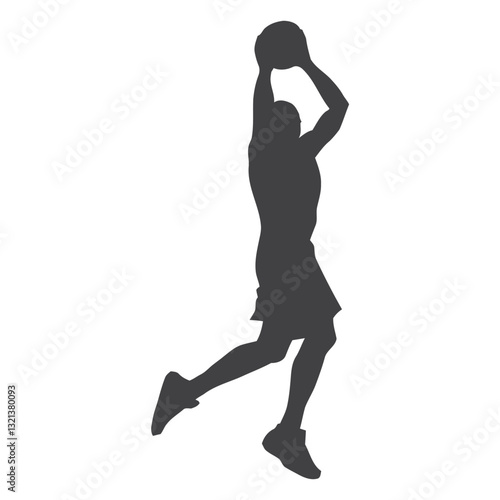 Slam Dunk Silhouette: A dynamic silhouette captures the peak action of a basketball player mid-jump, poised to shoot, against a stark background, embodying the spirit of competition and athleticism.