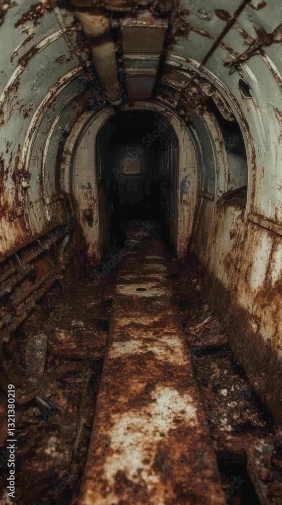 Fototapeta premium Dark and rusty interior of an abandoned, possibly military, tunnel. The floor and walls show significant decay and debris. Low light creates a somber atmosphere.