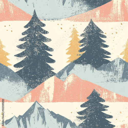 rustic winter mountain in pastel tone, seamless pattern repeat
