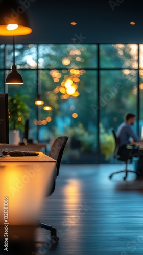 Quiet evening in a modern office with desk lamps and an employee working late