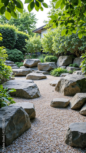 Serene and contemplative space of a rock garden with its carefully arranged stones and gravel exudes a tranquil and meditative quality photo