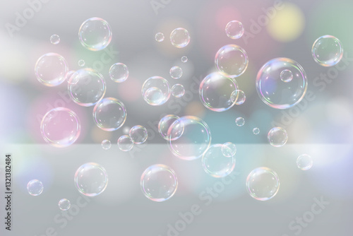 Realistic soap bubbles with multi-colored bokeh effect.Vector.On a transparent background.