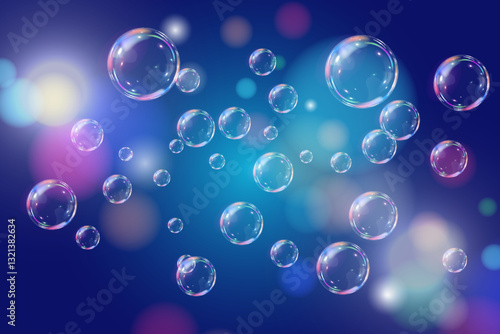 Soap bubbles on a blue background with bokeh effect, vector illustration.EPS 10.