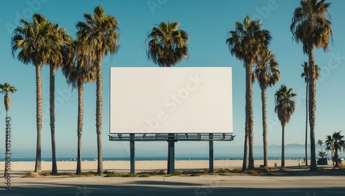 Blank billboard on beach with palm trees and ocean view.