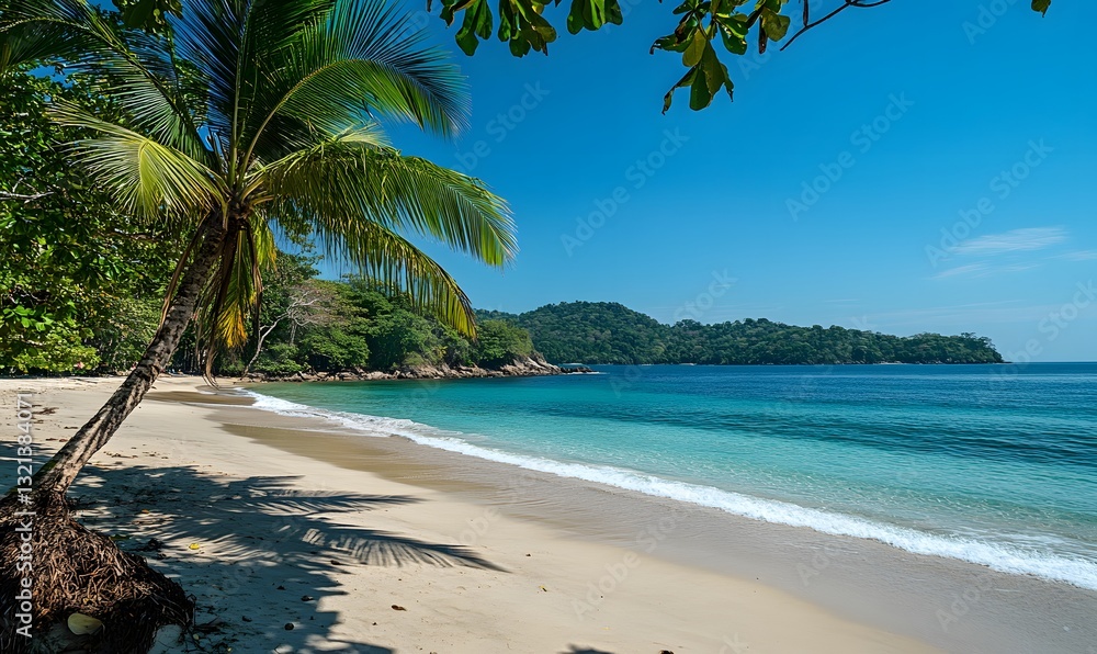 Obraz premium tropical beach with palm trees and blue ocean.