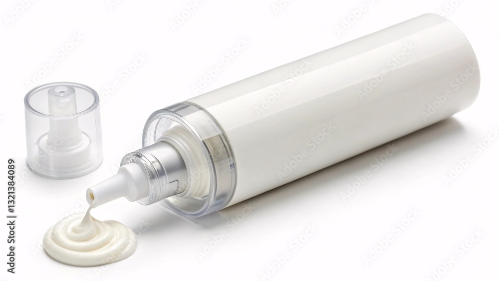 Luxurious Creamy Lotion Flowing From An Elegant White Bottle, A Moment Of Self-care Indulgence Against A Pristine White Background Luxurious Creamy Lotion Flowing From An Elegant White Bottle, A Moment Of Self-care Indulgence Against A Pristine White Background