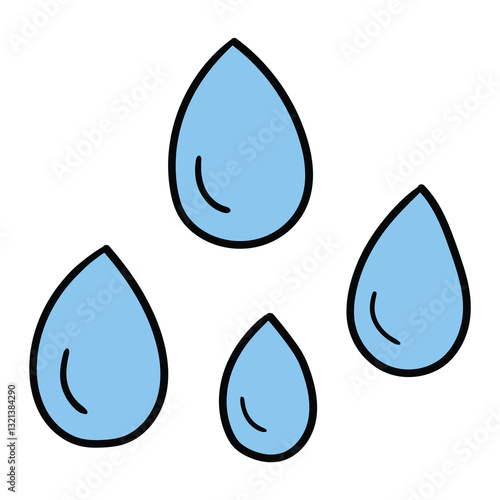 Hand drawn cartoon four blue water drops on white background.