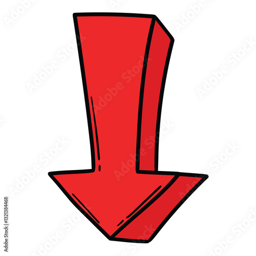 Hand drawn cartoon red arrow pointing down on white background.