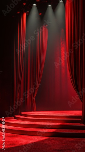 Spotlight shines on a red velvet stage with curtains and illuminated steps at a theater performance in the evening