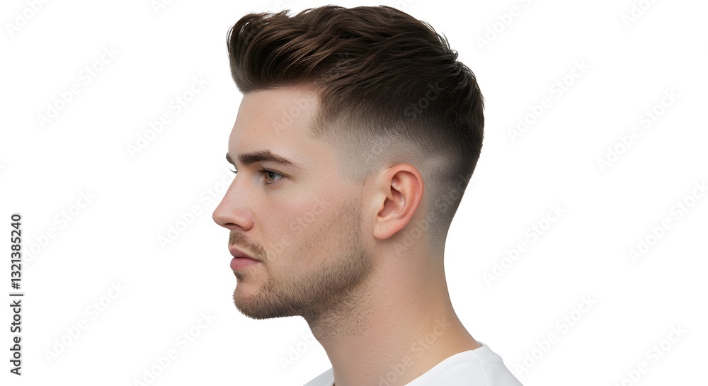 Obraz premium Studio Shot of a Stylish Young Man's Haircut on a Clean White Backdrop