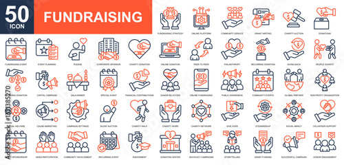 Fundraising icon collection set. Crowdfunding, public relations, humanitarian, financial support, economic planning icon. Simple line color vector.