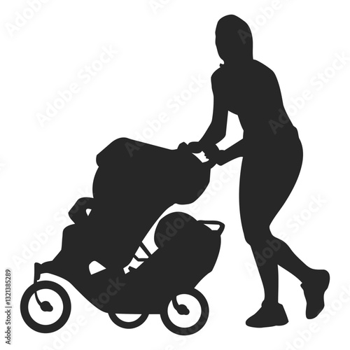 Motherhood Silhouette with Stroller: A minimalist silhouette captures a woman's determined strides as she gracefully guides a double stroller forward. A symbol of maternal strength and commitment.
