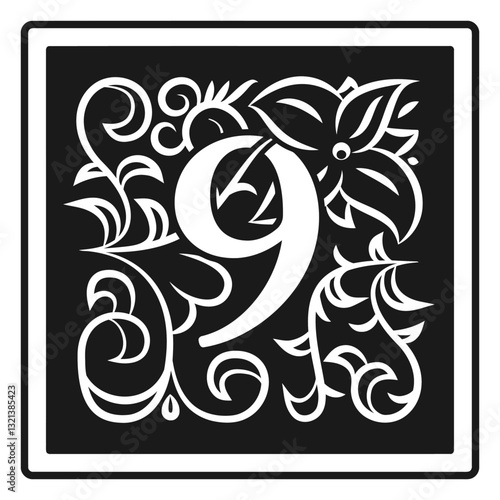 Nine Botanical Beauty: An artistic monochrome display showcases the number nine, beautifully interwoven with floral and plant motifs, within a stylish framed composition.
