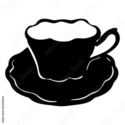 Elegant Coffee Silhouette: A minimalist, black and white image showcases a teacup, poised on a matching saucer, evoking a sense of calm and refinement.