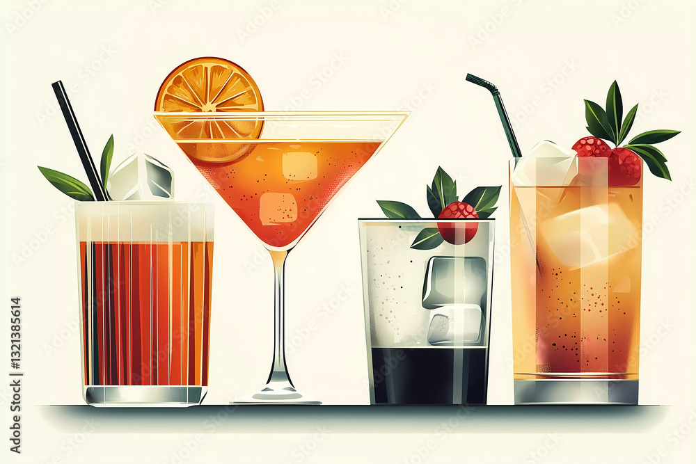 illustration of drinks and cocktails, minimalistic