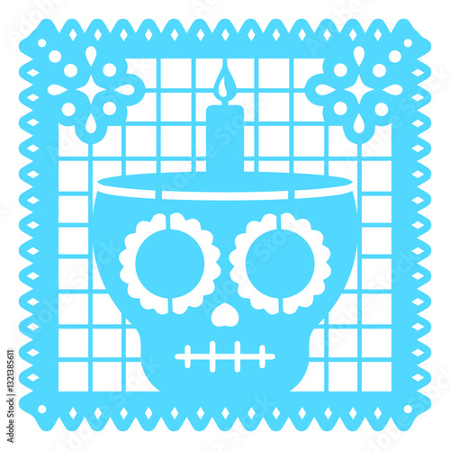 Papel Picado Skull Decoration: A vibrant papel picado design features a stylized skull with intricate cutouts, evoking a sense of cultural celebration and artistic craftsmanship. 