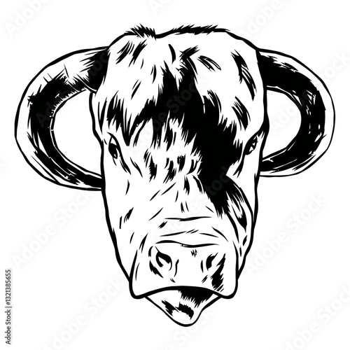 Intense Bull Portrait: A bold, stylized depiction of a bull's head, rendered in monochrome, showcasing its powerful presence and rugged charm.