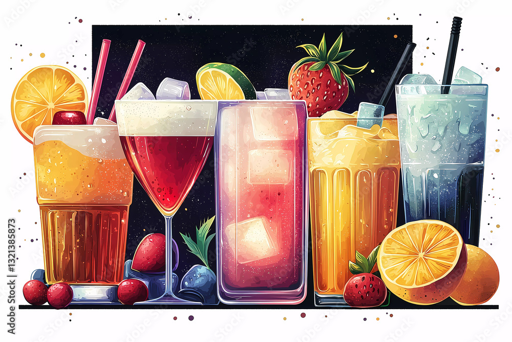 illustration of drinks and cocktails, minimalistic